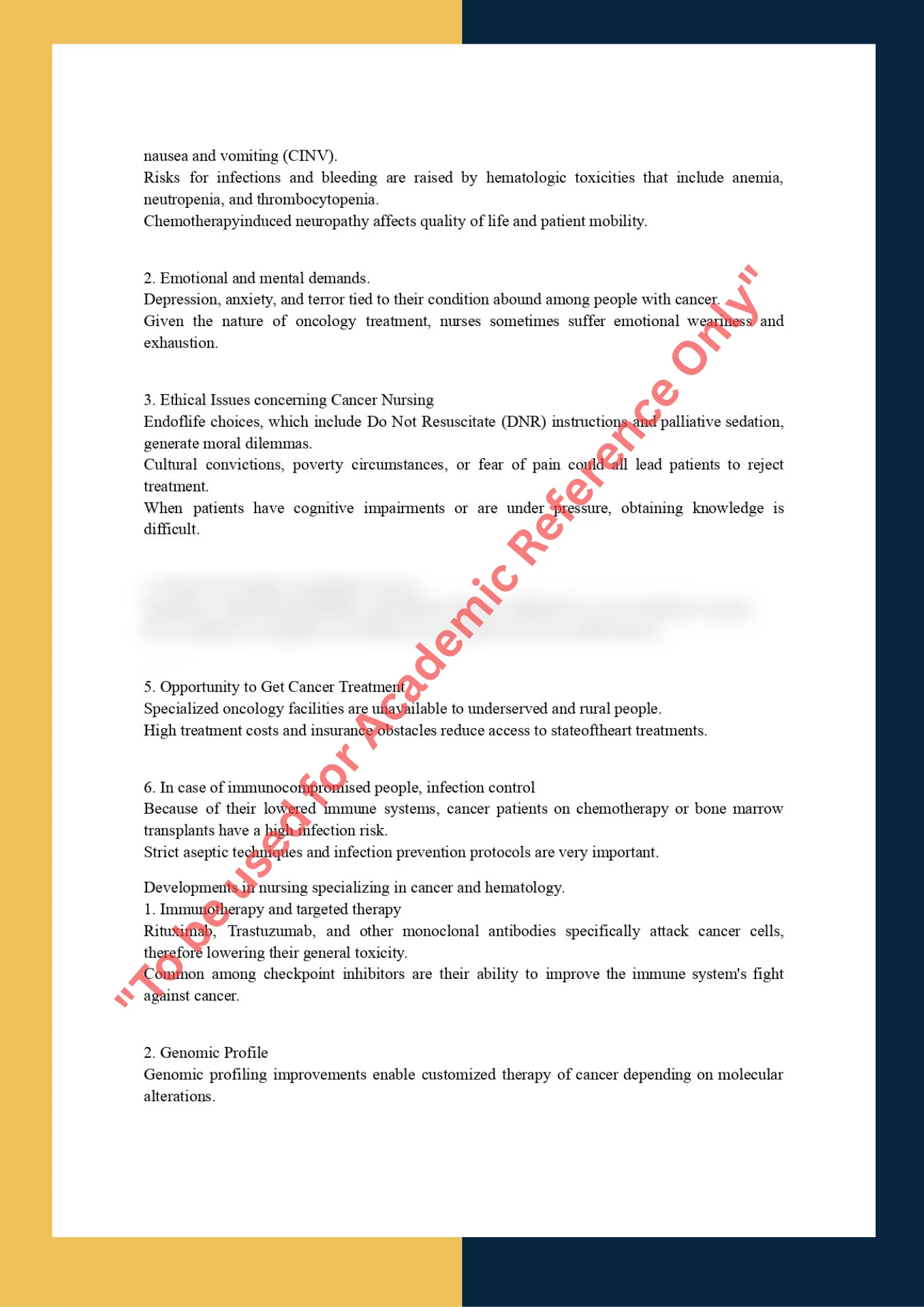 Assignment Sample On Subject HSC 540 – Hematologic Disorders and Oncology Nursing 1
